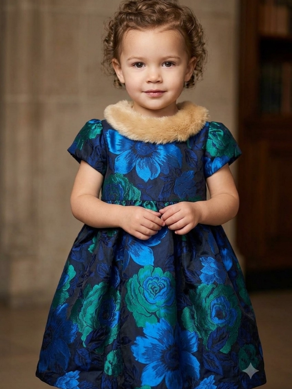 Janie & Jack Blue Green Floral Jacquard Faux Fur Collar Holiday Dress 2T